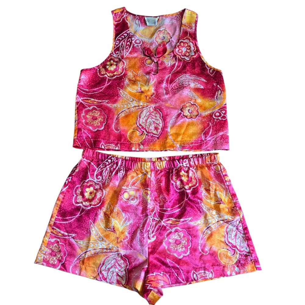 VTG 80s California Dynasty Satin Pajama Set Pink Orange Floral Retro Whimsigoth